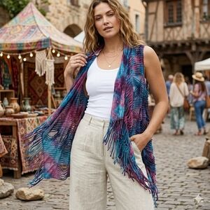 Kamana Tie Dye Mesh Fringe Vest Tunic Lagenlook Boho Festival Blue Multi Large